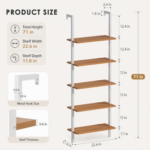 SogesHome Industrial Wall-Mounted Ladder Shelf, 5-Tier Modern Bookshelf with Industrial Metal Frame, Bookcase Organize P