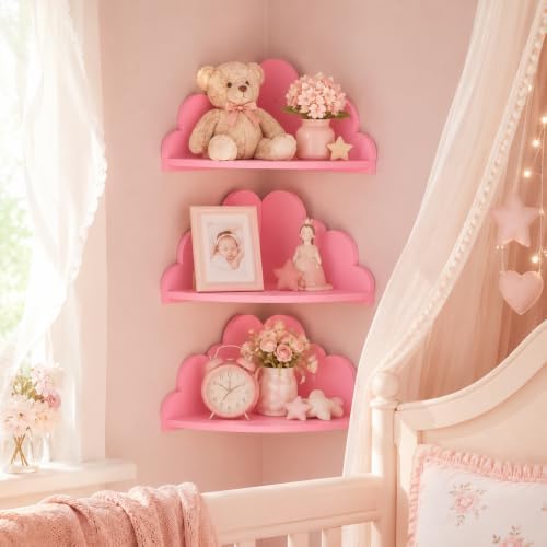 Cloud Corner Floating Shelves, Set of 3 Wall Mounted Shelves, Pink