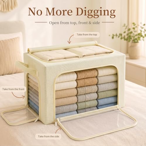 GoMaihe Clothes Storage Bins with Metal Frame for Blanket 3 Pack 66L Beige