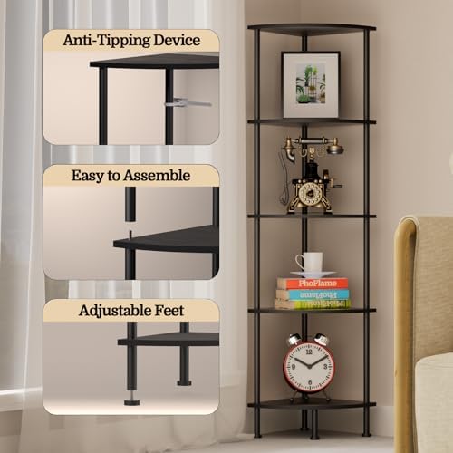5-Tier Corner Shelf Stand, 52" Industrial Corner Display Rack for Living Room, Bookshelf, Tall Display Shelf, Plant Stan