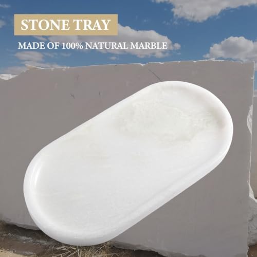 Koville African Natural White Marble Decorative Tray, 10" x 5" Marble Vanity Tray for Bathroom Countertop Organizer Ston