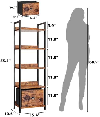 Furologee 5 Tier Bookshelf with Drawer, Tall Narrow Bookcase, Rustic Brown