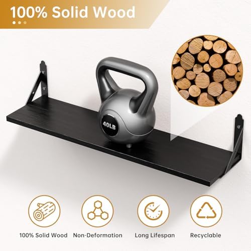 ROMGUAR CRAFT Wood Wall Floating Shelves Set of 4, 23.6" x 6" - Black