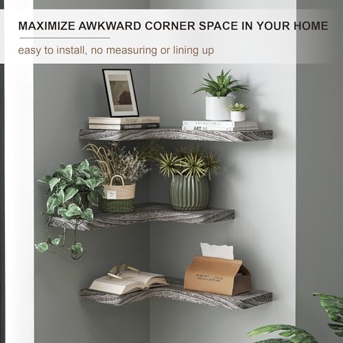 fuqing Floating Corner Shelves, Wall Shelf Set of 3, Shelves for Wall Storage, Solid Wood Shelves for Storage, Wall Moun