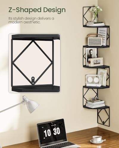 CHOEZON 5-Tier Corner Shelf, Floating Shelf, Wall-Mounted Storage Shelf, Wall Decor, Narrow Corner Bookshelf, for Living