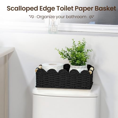 iEGrow Paper Rope Small Storage Baskets for Organizing, Set of 2 Scalloped Edge Wicker Basket with Wooden Handles Toilet Paper Basket for Over Toilet Storage Shelf, Home Decor, Living Room (Black)