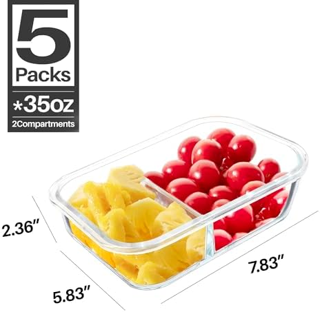 BAYZZ 5 Pack 35 Oz Glass Meal Prep Containers 2 Compartments, Glass Storage Containers with Lids, Airtight Lunch Bento Boxes, BPA-Free, Microwave and Freezer Safe,Green