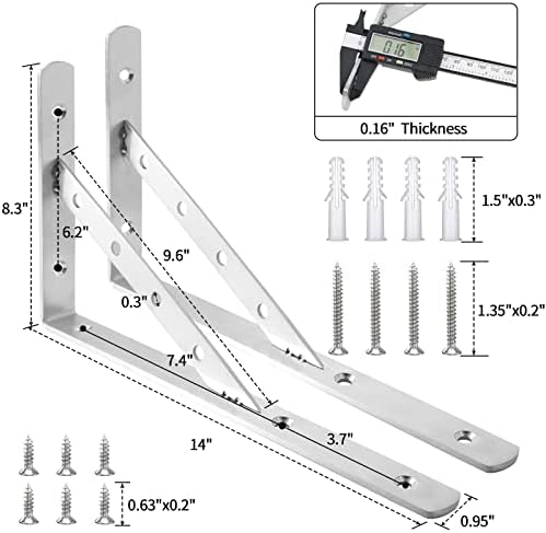 Solid Shelf Brackets 14 Inch,L Brackets Heavy Duty Shelf Brackets,Stainless Steel Angle Bracket Max Load 440lbs,Pack of 