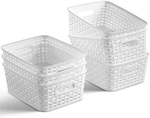 Set of 6 Plastic Storage Baskets - Small Pantry Organizer Basket Bins - Household Organizers with Cutout Handles for Kit