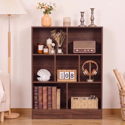 YAHARBO 3 Tier 7 Cube Mini Thin Bookshelf, Short Shallow Bookcase, Walnut