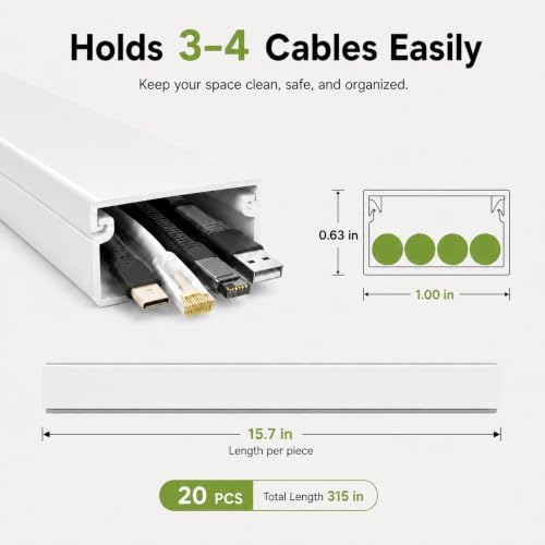 315” Cord Hider Kit, Gray Cable Raceway for Wall Mounted TV Wires, Wire Cover with Adhesive Tape, Screws and Connectors 