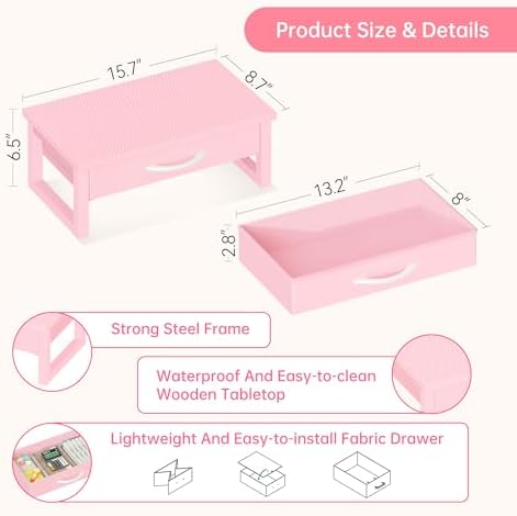 Desk Organizers and Accessories, Computer Monitor Stand Riser with Fabric Drawer, 2-Tier Laptop Stand for Desk, Office O