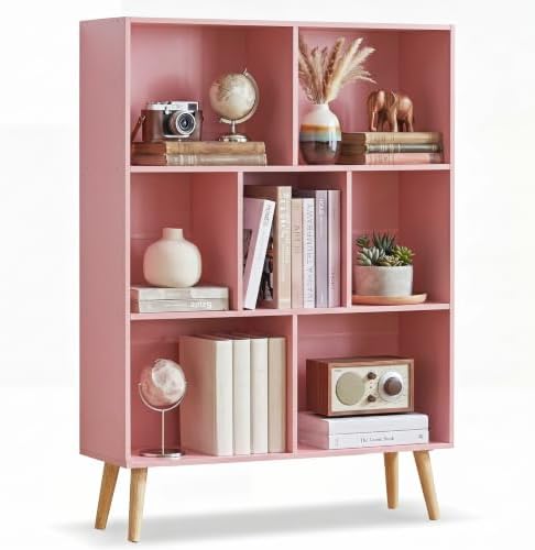 YAHARBO Light Pink Bookshelf,3 Tier Book Shelf with Legs, 7 Cube Minimalist Bookcase,Storage Organizer Shelves Display B