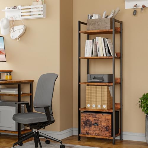 Furologee 5 Tier Bookshelf with Drawer, Tall Narrow Bookcase, Rustic Brown