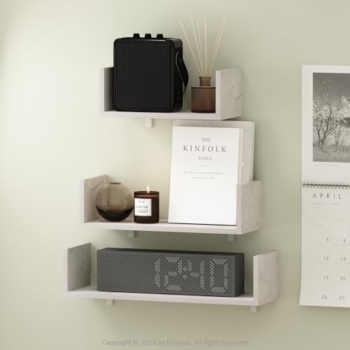 Furinno Rossi Bedroom Decor Wall Mounted Floating Display Shelves with Invisible Brackets, Set of 3, Marble White