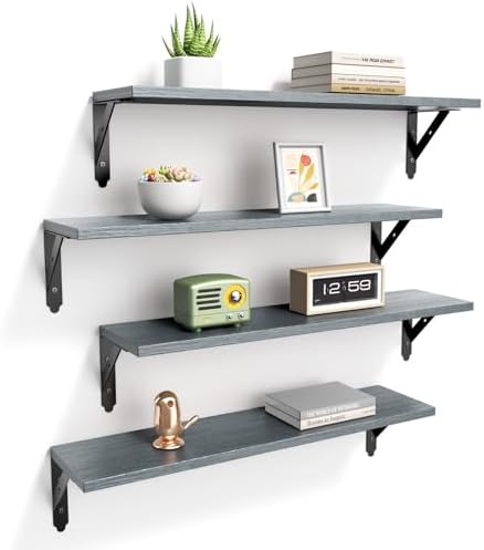 ROMGUAR CRAFT Wood Wall Floating Shelves Set of 4, 23.6" x 6" - Grey