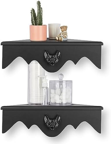 Gothic Bat Corner Shelves 2 Pack - Black Spooky Dark Aesthetic Floating Shelves, Wall Mounted Wooden Storage for Bedroom