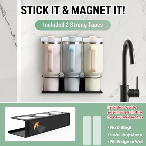 POLRAI 2 Pack Magnetic Stanley Cup Holder for Fridge, Water Bottle Organizer for Tumbler with Double Sided Tape Hold Sta