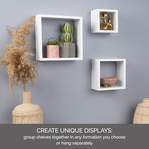 MELANNCO Floating Square Cube Shelves, for Bedroom, Living Room, Bathroom, Kitchen, Nursery, Set of 3, White, 3 Count
