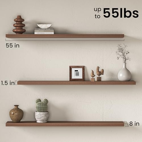 55" Floating Shelves for Wall, Set of 2, 8" Deep, 1.5" Thick, Walnut Finish