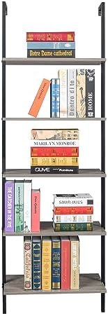 5 Tier Industrial Wall Mounted Bookshelf,Modern Ladder Bookcase Storage Organizer,Open Display Storage Rack,Plant Flower