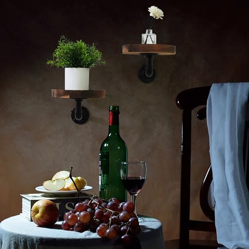 Round Wooden Floating Shelves Wall Mounted (Set of 2). Made of Acacia Wood. Industrial Pipe Brackets. A Unique Rustic Pe
