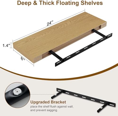Floating Shelves for Wall, 8 Inch Deep Floating Shelves, 24"W x 8"D Wall Shelves Set of 2, Rustic Wood Floating Shelf fo
