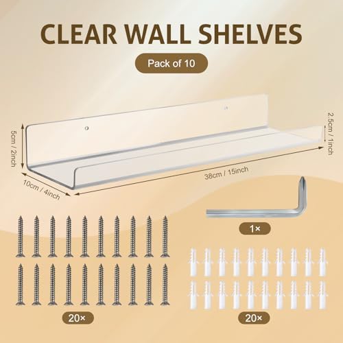 AMEITECH Clear Acrylic Wall Display Shelves 10 Pack, 15 Inch Acrylic Shelf Wall Organizer and Storage for Collectibles, 