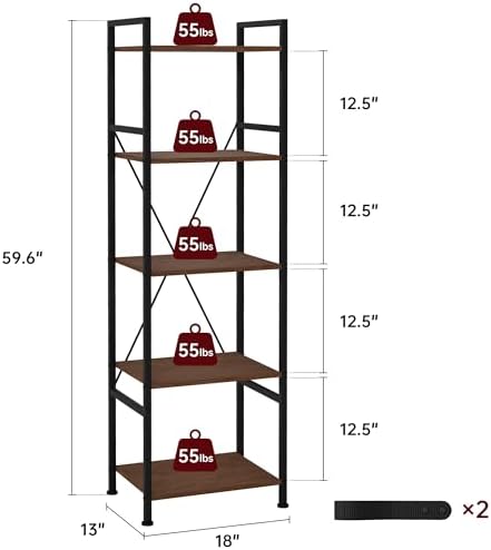 5 Tier Industrial Bookshelf, Storage Organizer, Walnut