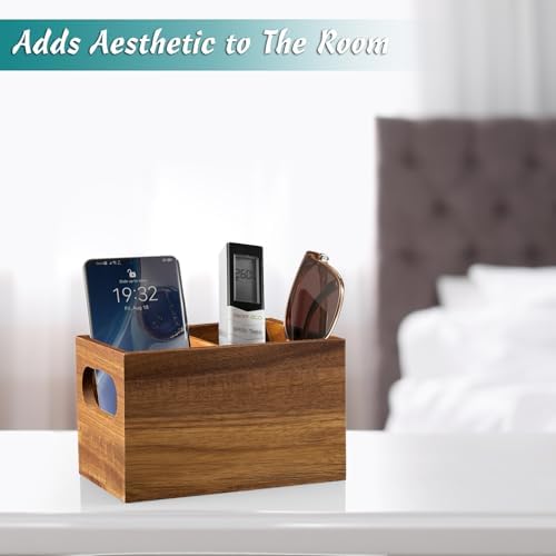 DRASTAR Remote Control Holder, Wood TV Remote Holder, Remote Storage Caddy, Remote Control Organizer (Acacia, 2 Slots)
