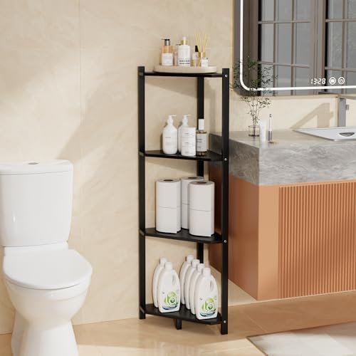 Wisuce Bamboo Small Corner Shelf Stand, 4-Tier Black Corner Bookshelf