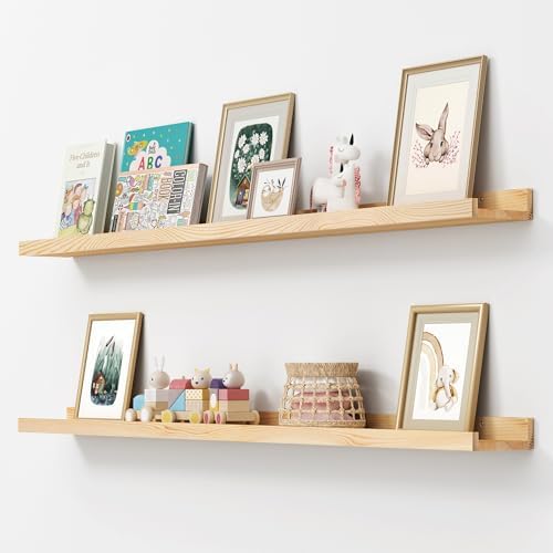 Picture Ledge Shelf, Floating Shelves Set of 2, Solid Pine Wood 55'' Long Large Nursery Book Shelves for Toys Storage, Kids Bookshelf for Living Room Bedroom Decor Books Photo Frames, Natural