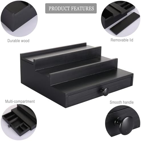 3 Tier Men's Cologne Organizer, Black Wooden Display Stand with Drawer