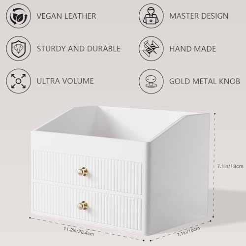 LADSTAG Makeup Organizer Countertop,Leather Makeup Storage with 2 Drawers,Large Capacity Beige White Make up Organizers 