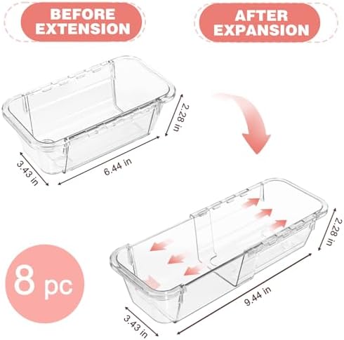 8 Pcs Medium Extendable Clear Drawer Organizer, All Adjustable Vanity Storage Box, 2-Size Desk Drawer Organizer, Acrylic Storage Bins for Makeup, Cosmetic, Bedroom Dressers Tool Organizer for Gadgets