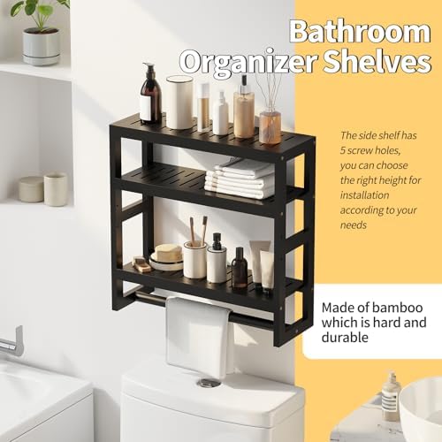 Bathroom Shelves with Hanging Bar Over Toilet Storage - Adjustable Wall Organizer (Black)