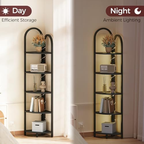 MAHANCRIS 5-Tier Corner Shelf with LED Light, 64.6'' Tall Corner Bookshelf, Narrow Storage Shelf with Metal Frame, for L