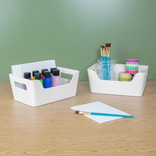 8 Pack Plastic Storage Bins with Handles, 6.5x9.5x4 Inch White Scoop Front