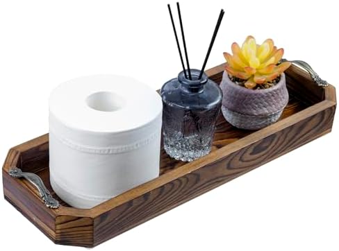 MyGift Wooden Vanity Tray, Rustic Burnt Solid Wood Toilet Tank Tray - Decorative Octagonal Cosmetic Organizer with Antiq