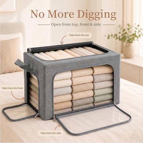 GoMaihe Clothes Storage Bins with Metal Frame for Blanket 3 Pack 66L Grey