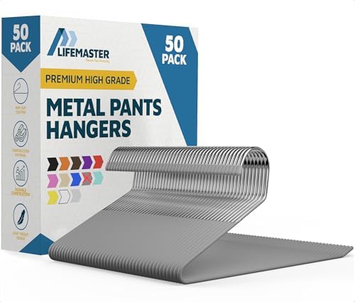 Lifemaster Metal Pants Hanger Set - 50 Pieces Elegant Non-Slip Closet Space Saving Hanger Set for Pants, Trouser, Blankets, and Jeans with Open Ended Sleek Design - Gray