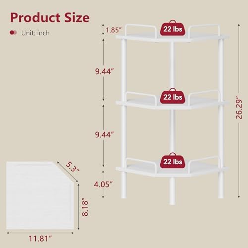 Tajsoon 3 Tier Corner Shelf Stand, Standing Corner Shelf Unit, White
