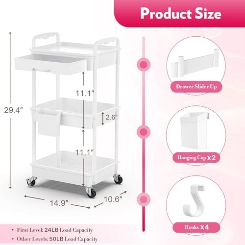 SUNALLY Makeup Cart Organizer with Drawer,3 Tier Rolling Makeup Cart, White
