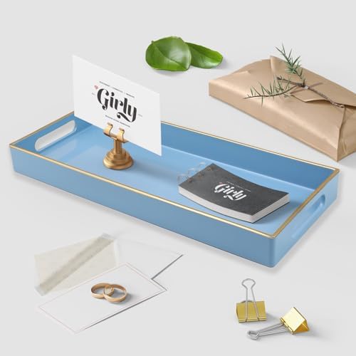 Blue Bathroom Vanity Tray for Countertop, Small Plastic Toilet Tank Versatile Storage & Organization Tray for Makeup, Pe
