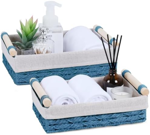 Wicker Storage Basket with Wooden Handle 2 Pack–Paper Rope Decorative Toilet Paper Baskets & Bathroom Organizer for Toil