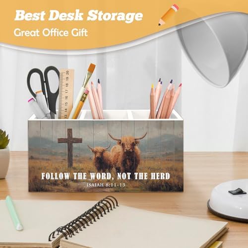 Christian Highland Cow Pen Holder Organizer for Desk Accessories, Follow the Word Not the Herd Bible Verse Rustic Highland Cow Wooden Box Sign Desk Decorations for Home Office Decor