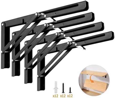 Yarssihha 12 Inch Folding Shelf Bracket, 4 Pack Heavy Duty Wall Mounted Foldable Brackets, Space-Saving Metal Collapsibl