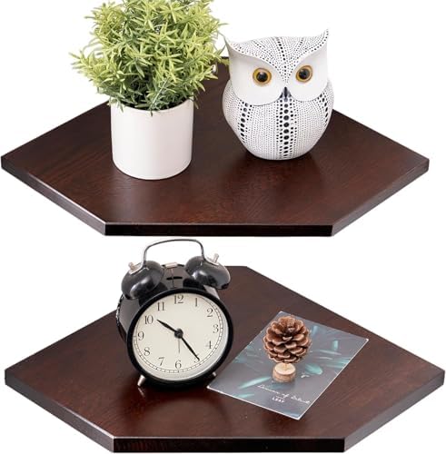 Corner Wall Shelves Set 2 Wire Hole Solid Oak Wood Display Shelf ,Walnut