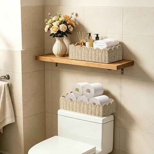 2 Pack Scalloped Wicker Shelf Baskets，Handwoven Paper Rope Basket Organizer for Toilet Tank & Shelves, Decorative Woven Storage Bin for Living Room, Bedroom & Entryway, Beige