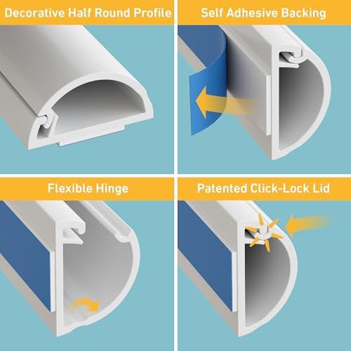 D-Line Half Round Cord Hider, Patented Cable Cover, Hide TV Wall Mount Wires, Raceway for Cords, Decorative Wire Covers,